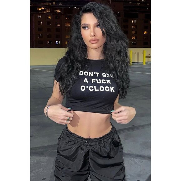 Fashion Nova ✦ IDGAF O’Clock Backless Top ✦ Black Graphic Tie Back Tee NWT - Picture 1 of 5